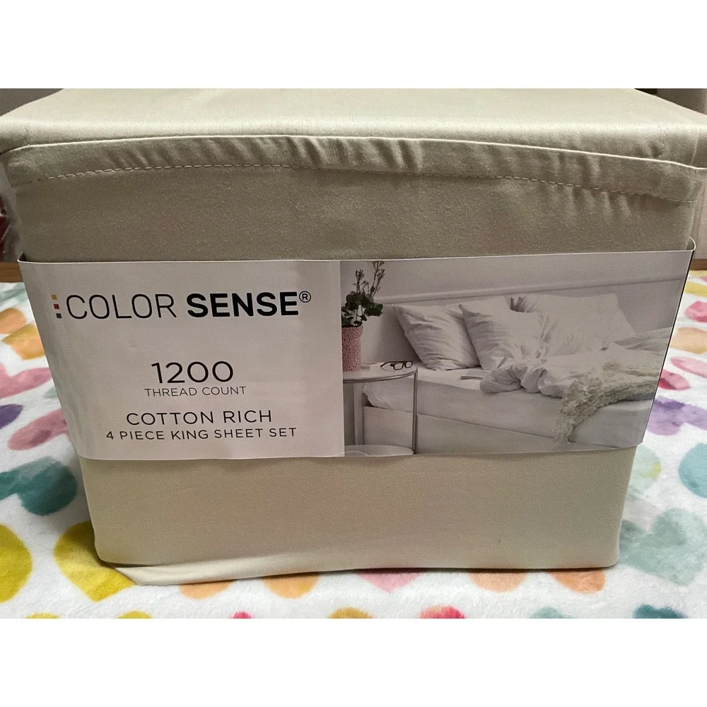 Color Sense 1200 Thread Count Cotton Rich 4 Piece King Sheet Set Tan Beige New
